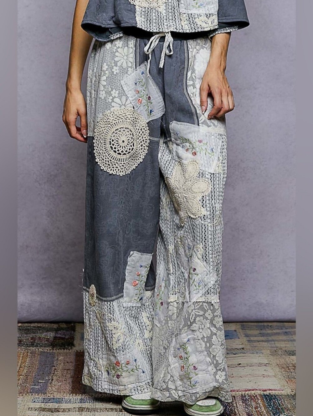 POL“Dream Patch Set“Crochet Blue Patchwork Matching Set, Pants&Tank Sz Small - Picture 6 of 16